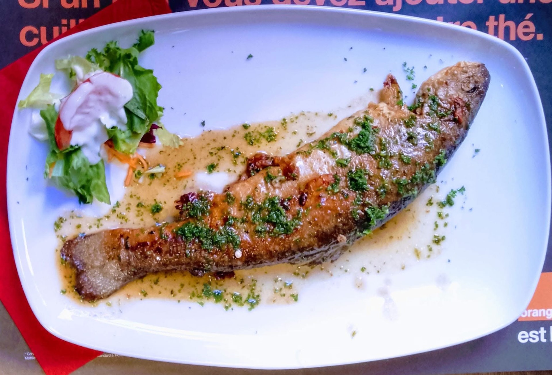 Truite meunière au beurre persillé, servie avec une petite salade