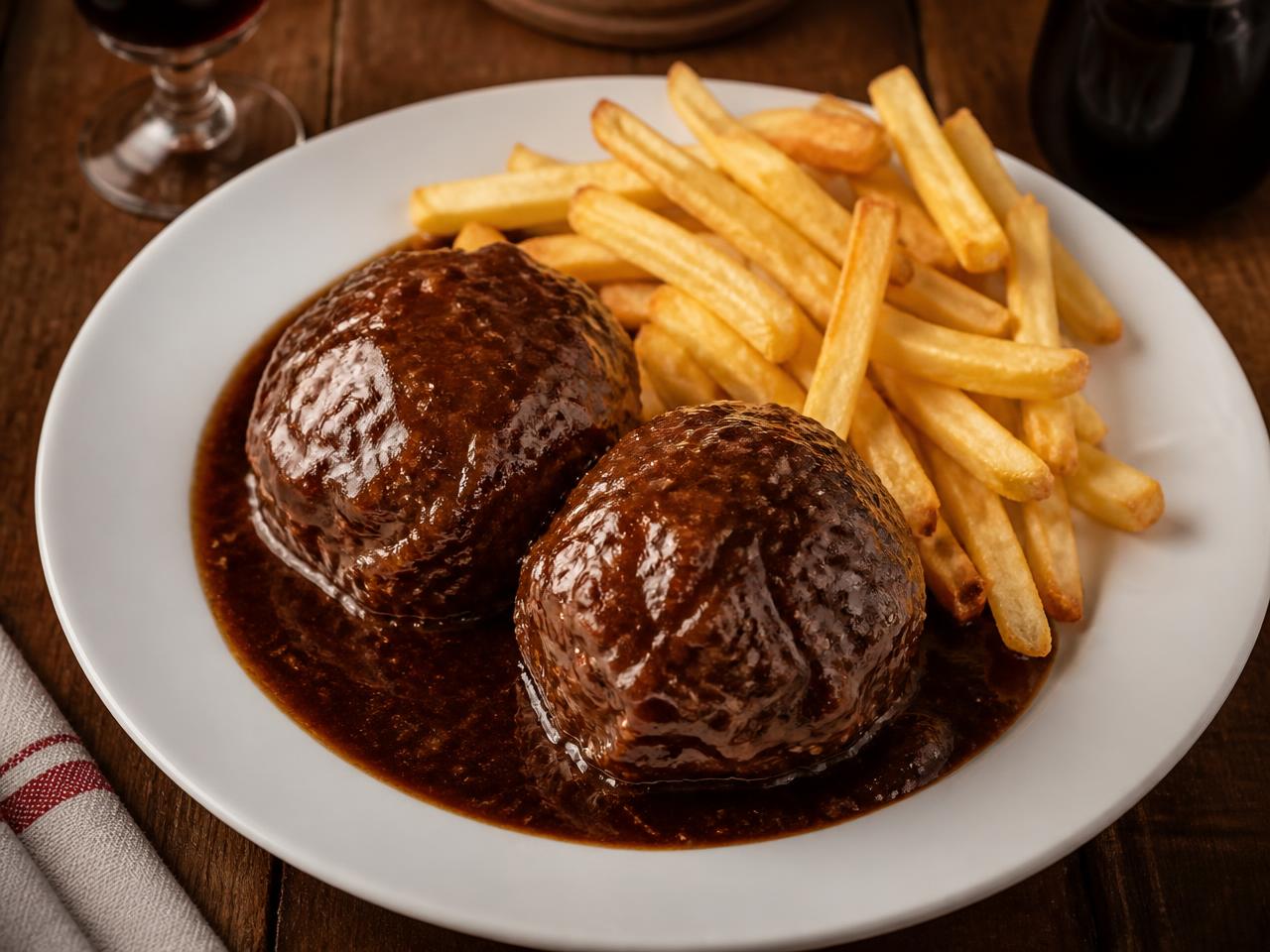 Deux boulets à la liégeoise nappés de sauce au sirop de Liège, servis avec des frites