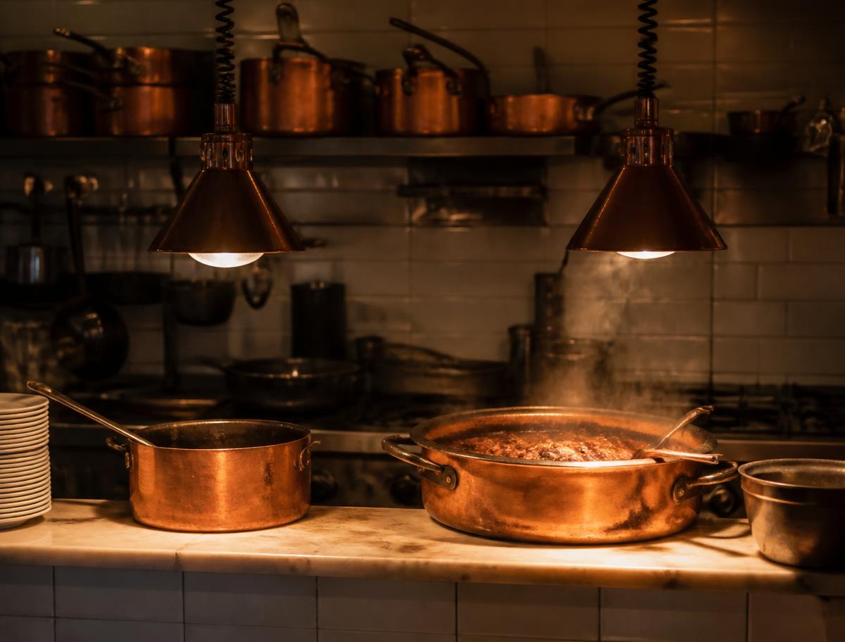 Cuisines de la brasserie : cuivres et cocotte de sauce en train de mijoter