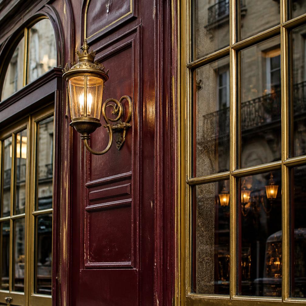 Détail de la façade bordeaux et laiton de la brasserie