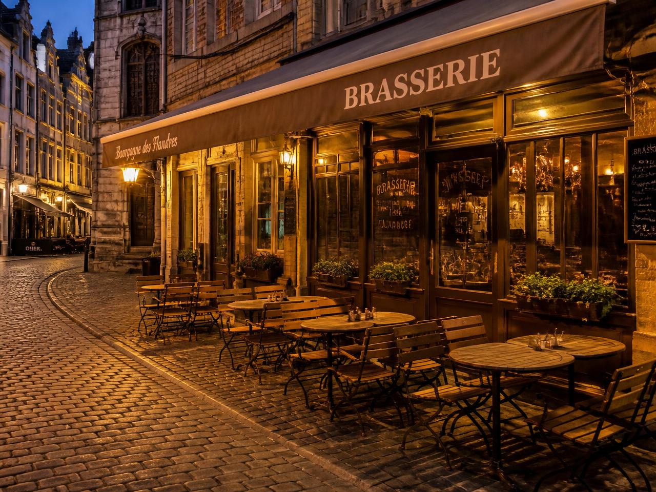 Terrasse de la brasserie sur une rue pavée du vieux Liège à la tombée du jour