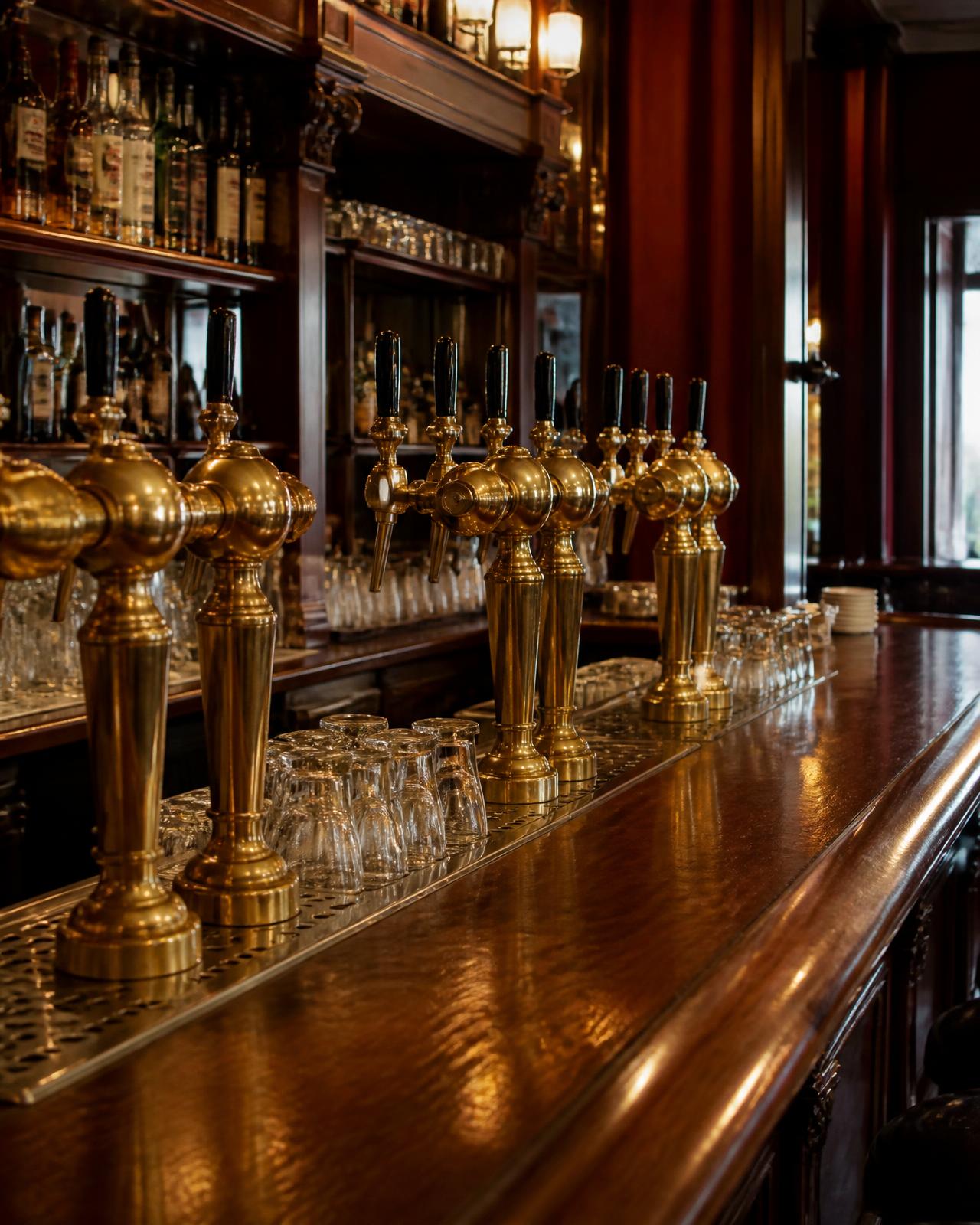 Comptoir de la brasserie avec ses pompes à bière en laiton et ses verres alignés